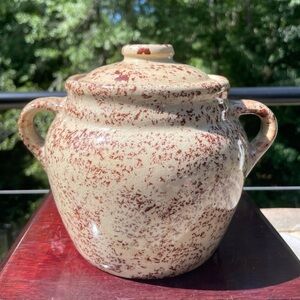 Vintage Monmouth Pottery Cookie Jar Brown Splatter Glaze 2 handles
